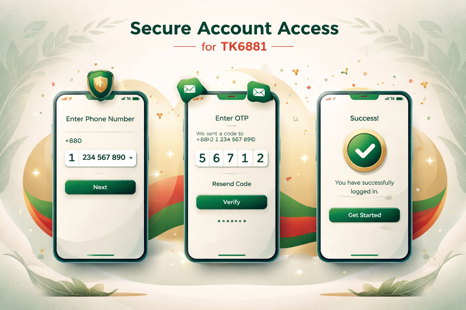 ফোন নম্বর পাসওয়ার্ড এবং OTP সহ TK6881 লগইন ধাপ