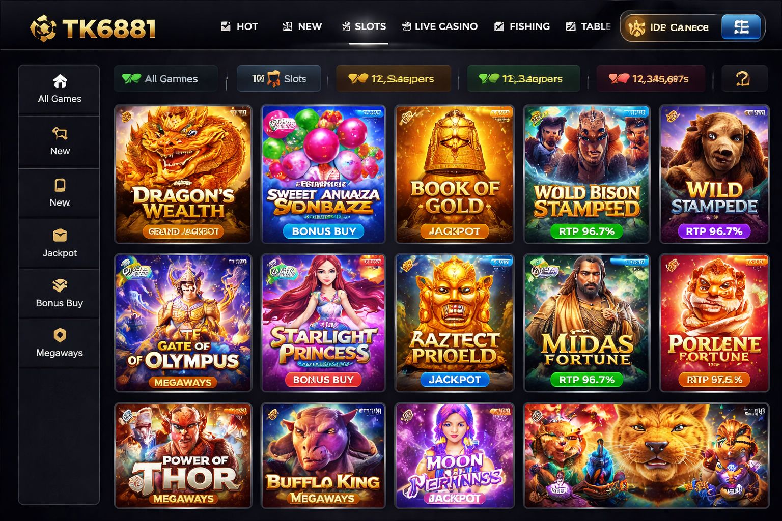 TK6881 slot game selection featuring popular reel categories